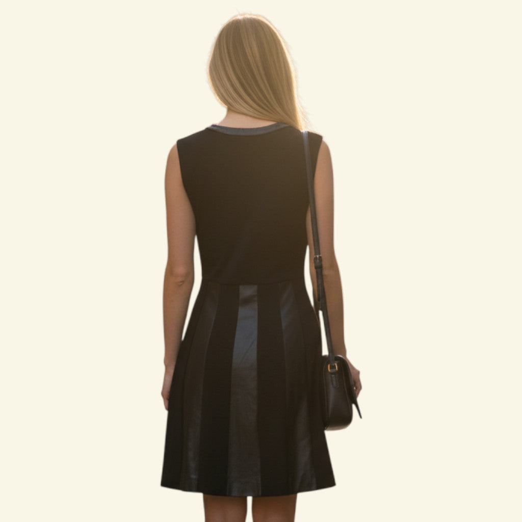 Diane von Furstenberg black sleeveless A-line dress with leather trim neckline and vertical leather panels on skirt. Side zipper.