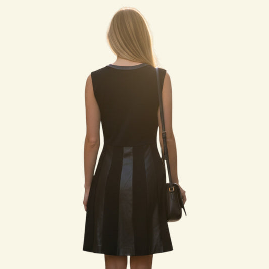 Diane von Furstenberg black sleeveless A-line dress with leather trim neckline and vertical leather panels on skirt. Side zipper.
