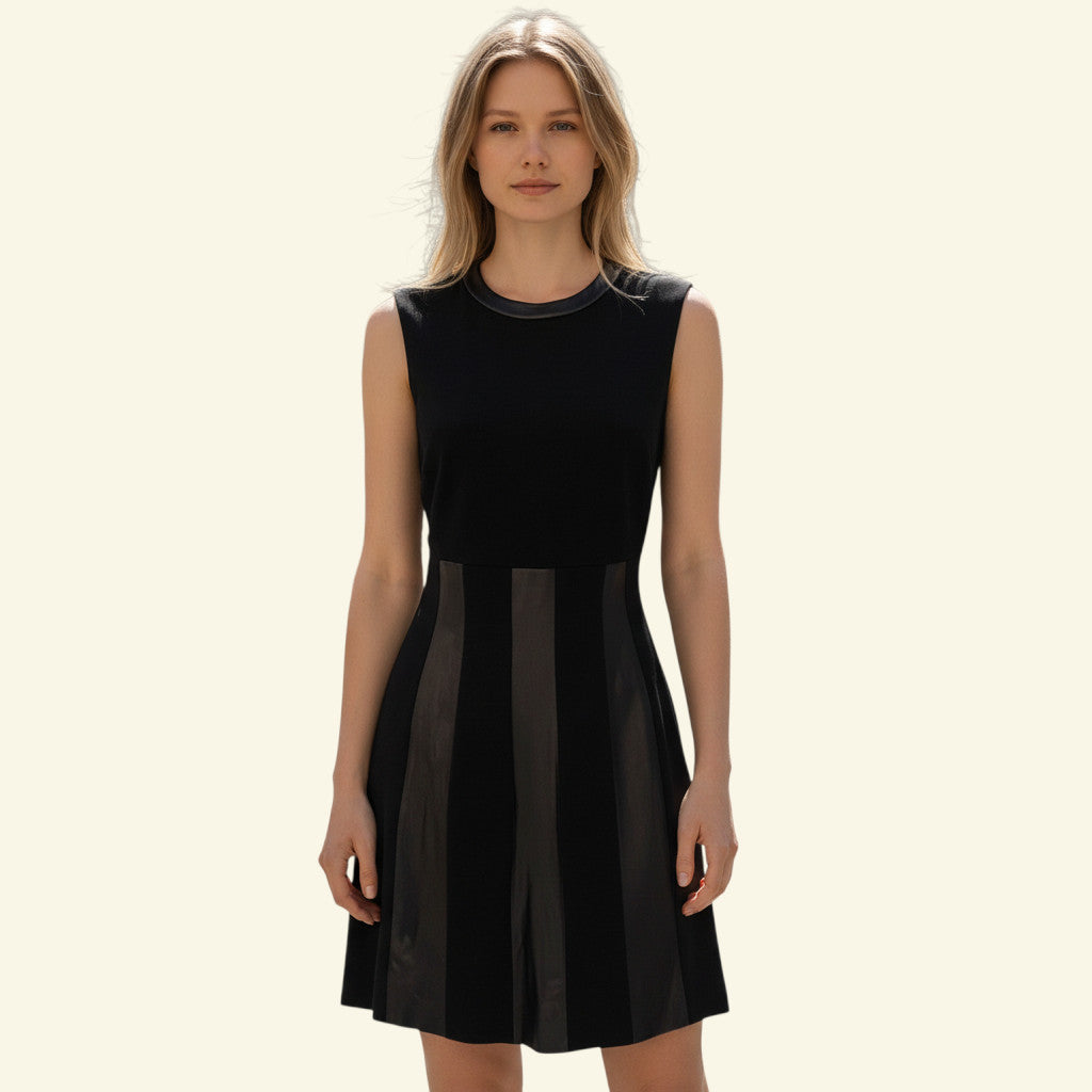 Diane von Furstenberg black sleeveless leather trim A-line dress with side zipper. UK 10.
