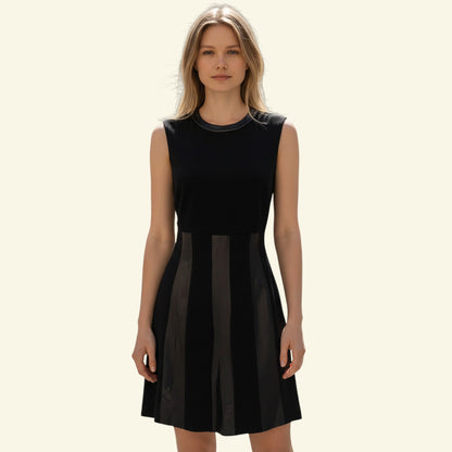 Diane von Furstenberg black sleeveless leather trim A-line dress with side zipper. UK 10.