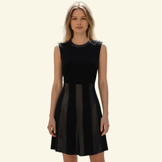 Diane von Furstenberg black sleeveless leather trim A-line dress with side zipper. UK 10.