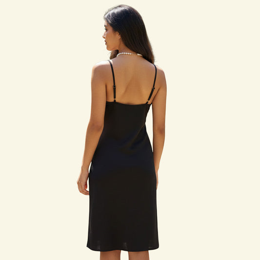 Timelessfashions Feraud Paris black midi dress with adjustable straps, belt detail, and Feraud button. Viscose blend.