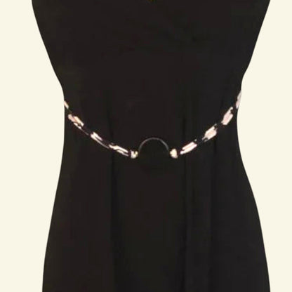 Timelessfashions Black midi dress with adjustable straps, V-neck, belted waist, and FERAUD Paris button detail. Viscose blend.