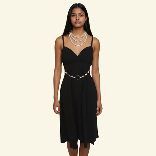 Timelessfashions Black midi dress with adjustable straps, V-neck, belted waist, and FERAUD Paris button detail. Viscose blend.