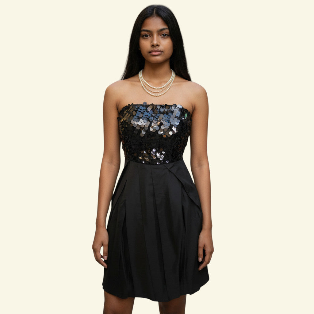 Timelessfashions black sequin strapless bodice bubble hem silk cocktail dress UK 8