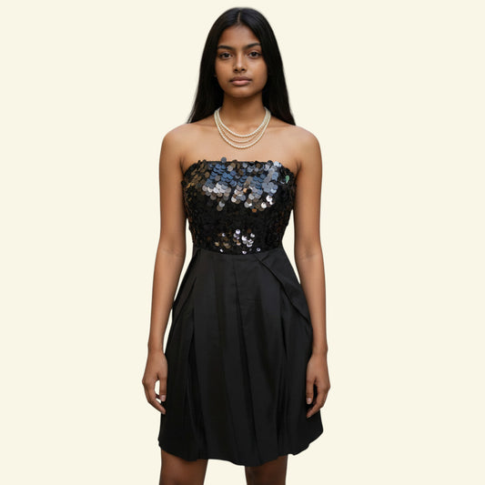 Timelessfashions black sequin strapless bodice bubble hem silk cocktail dress UK 8