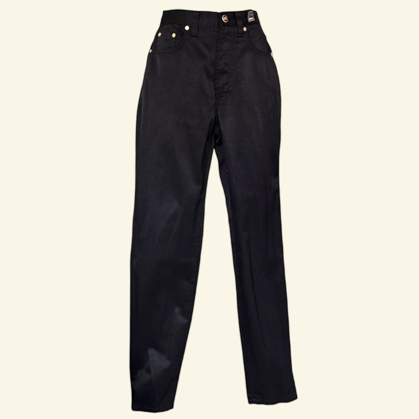 Timelessfashions Versace womens black skinny cotton jeans, size UK 6 US 2 EU 34. Features gold-tone hardware and a flattering silhouette.