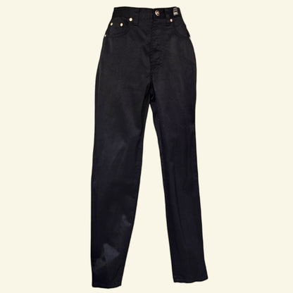 Timelessfashions Versace womens black skinny cotton jeans, size UK 6 US 2 EU 34. Features gold-tone hardware and a flattering silhouette.