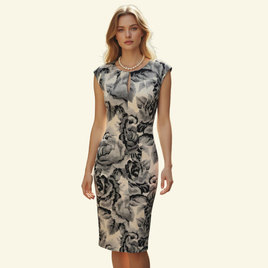 Timelessfashions black and white floral stretch bodycon dress with keyhole neckline and cap sleeves. Cotton blend.