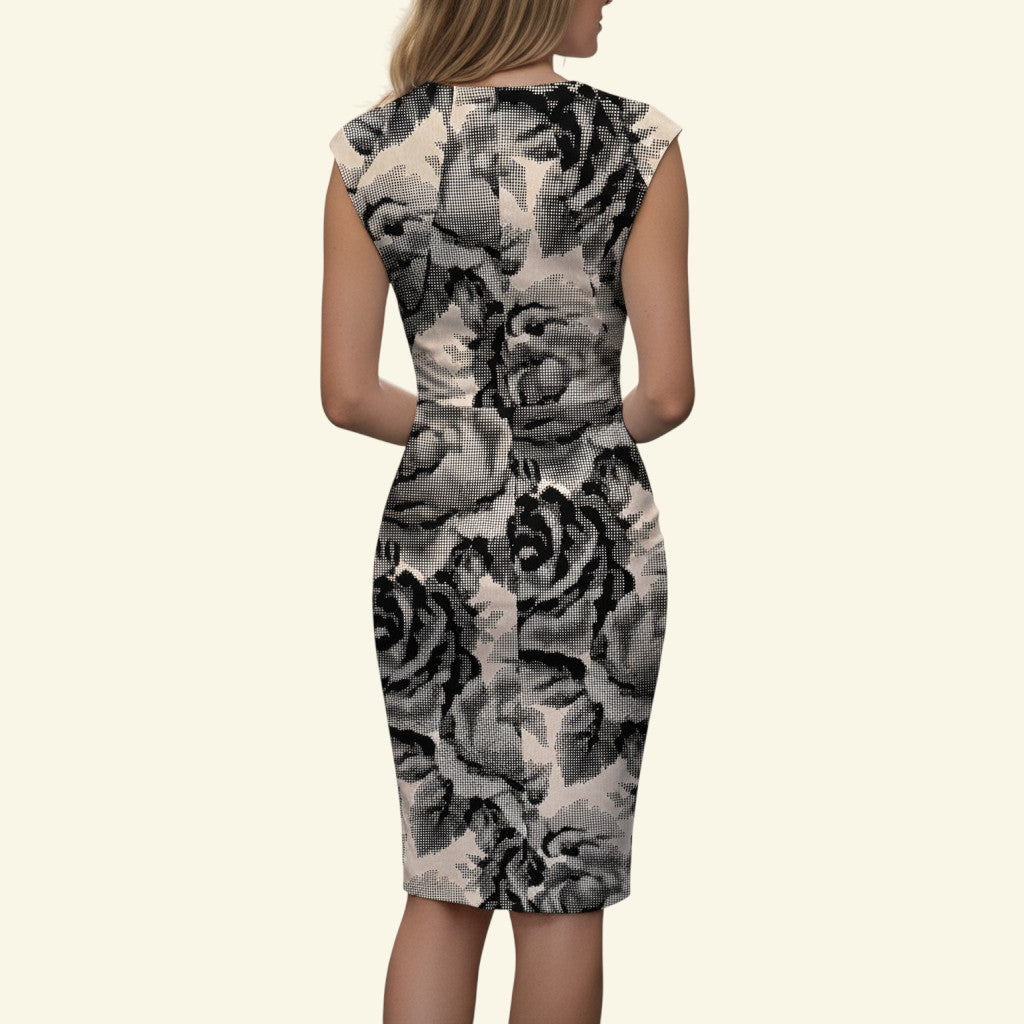 Timelessfashions black and white floral stretch bodycon dress, size UK 10. Cotton-elastane blend.