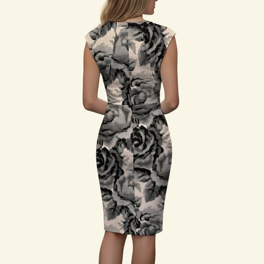 Timelessfashions black and white floral stretch bodycon dress, size UK 10. Cotton-elastane blend.