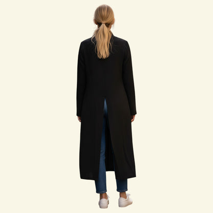 Timelessfashions black long wool lightweight coat with side slits and back seam detail, size UK 12.