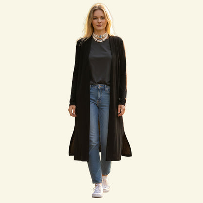 Timelessfashions black long wool lightweight coat with side splits and one button closure. UK 12.