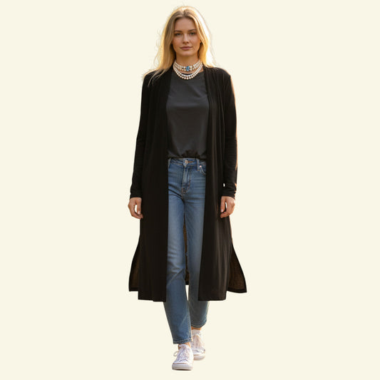 Timelessfashions black long wool lightweight coat with side splits and one button closure. UK 12.
