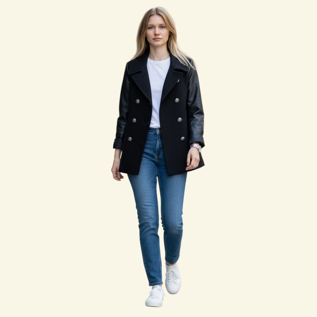 Timelessfashions Gerard Darel black wool pea coat with leather sleeves, double-breasted, size 10.