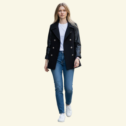 Timelessfashions Gerard Darel black wool pea coat with leather sleeves, double-breasted, size 10.
