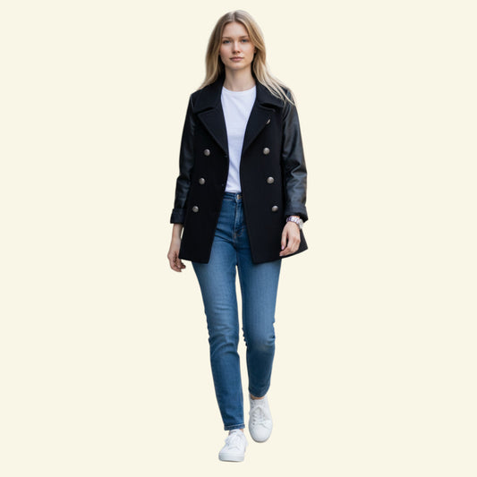 Timelessfashions Gerard Darel black wool pea coat with leather sleeves, double-breasted, size 10.