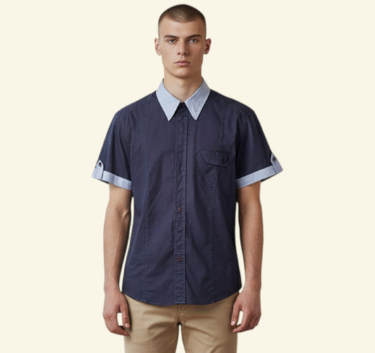 Timelessfashions Men's dark blue 100% cotton short sleeve shirt with contrasting light blue collar and cuffs, featuring a chest pocket and concealed placket.