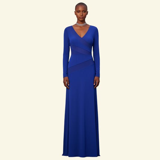 Timelessfashions vintage blue polyester maxi dress with mesh accents, V-neck, and long sleeves, size 18.