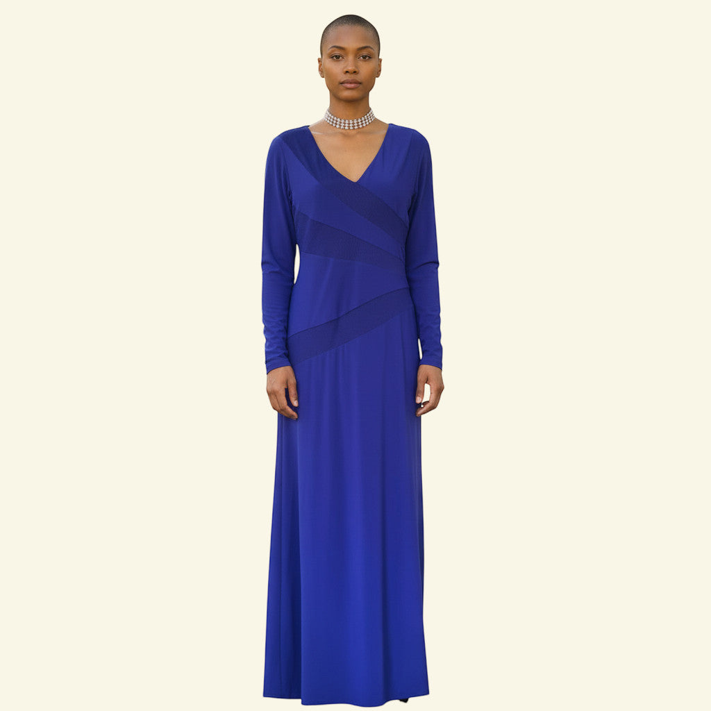 Timelessfashions vintage blue polyester maxi dress with V-neck and diagonal mesh accents. Size 14.