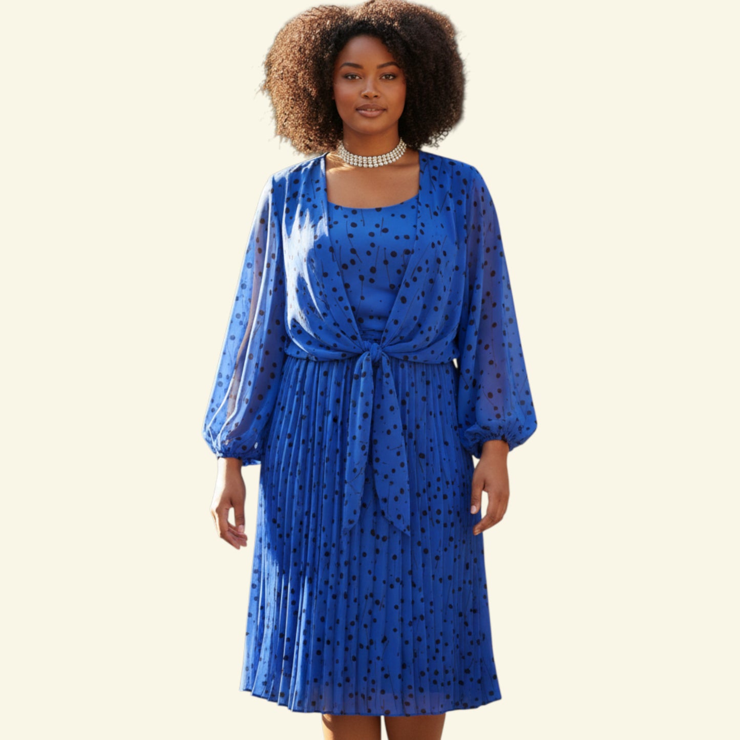 Timelessfashions women's vintage 1980s blue polyester dress with black spots, batwing sleeves, and pleated skirt. UK 16.