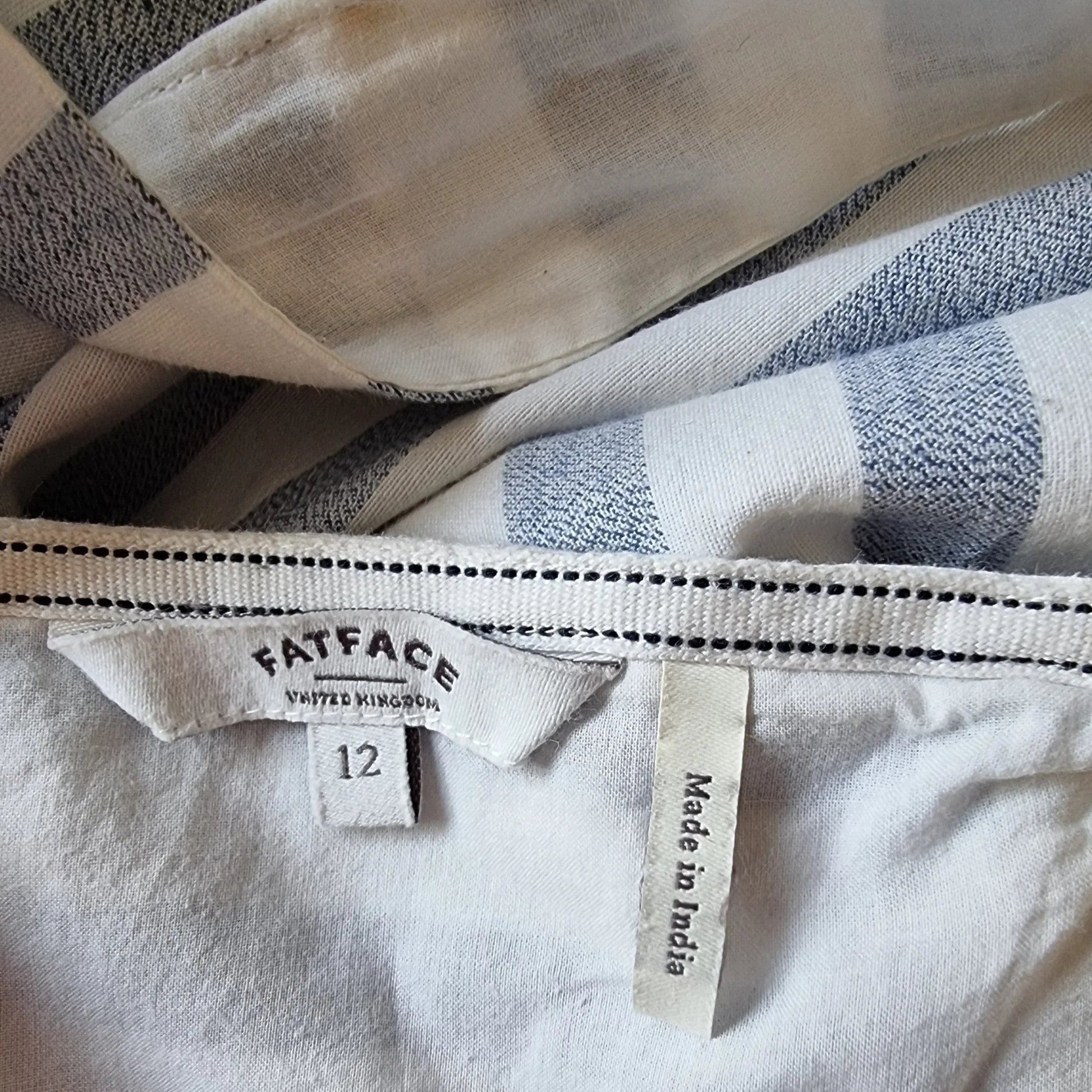 Timelessfashions FatFace blue and white striped cotton pinafore dress with adjustable straps and tie belt, size 12.