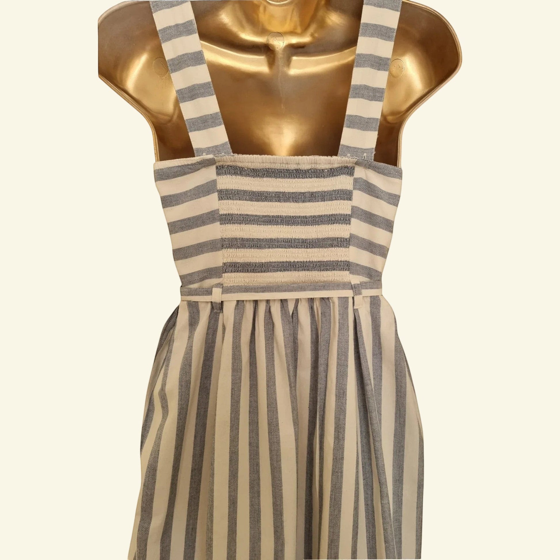 Timelessfashions blue and white striped cotton pinafore dress with tie belt and adjustable straps.