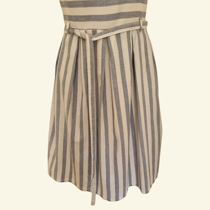 Timelessfashions blue and white striped cotton pinafore dress with tie belt and adjustable straps.