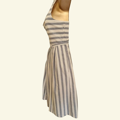 Timelessfashions blue and white striped pinafore dress with tie belt and adjustable straps, made of 100% cotton.