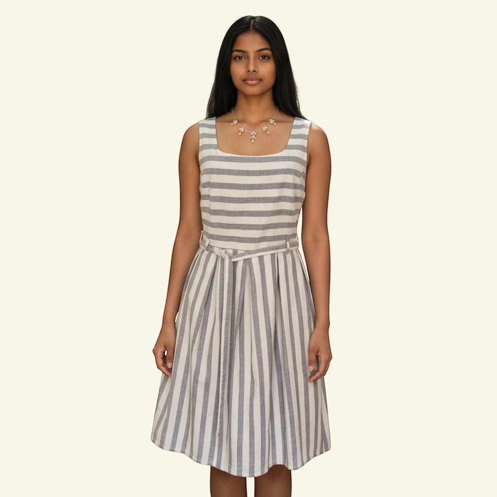FatFace blue and white striped pinafore dress with tie belt and adjustable straps, made of 100% cotton.