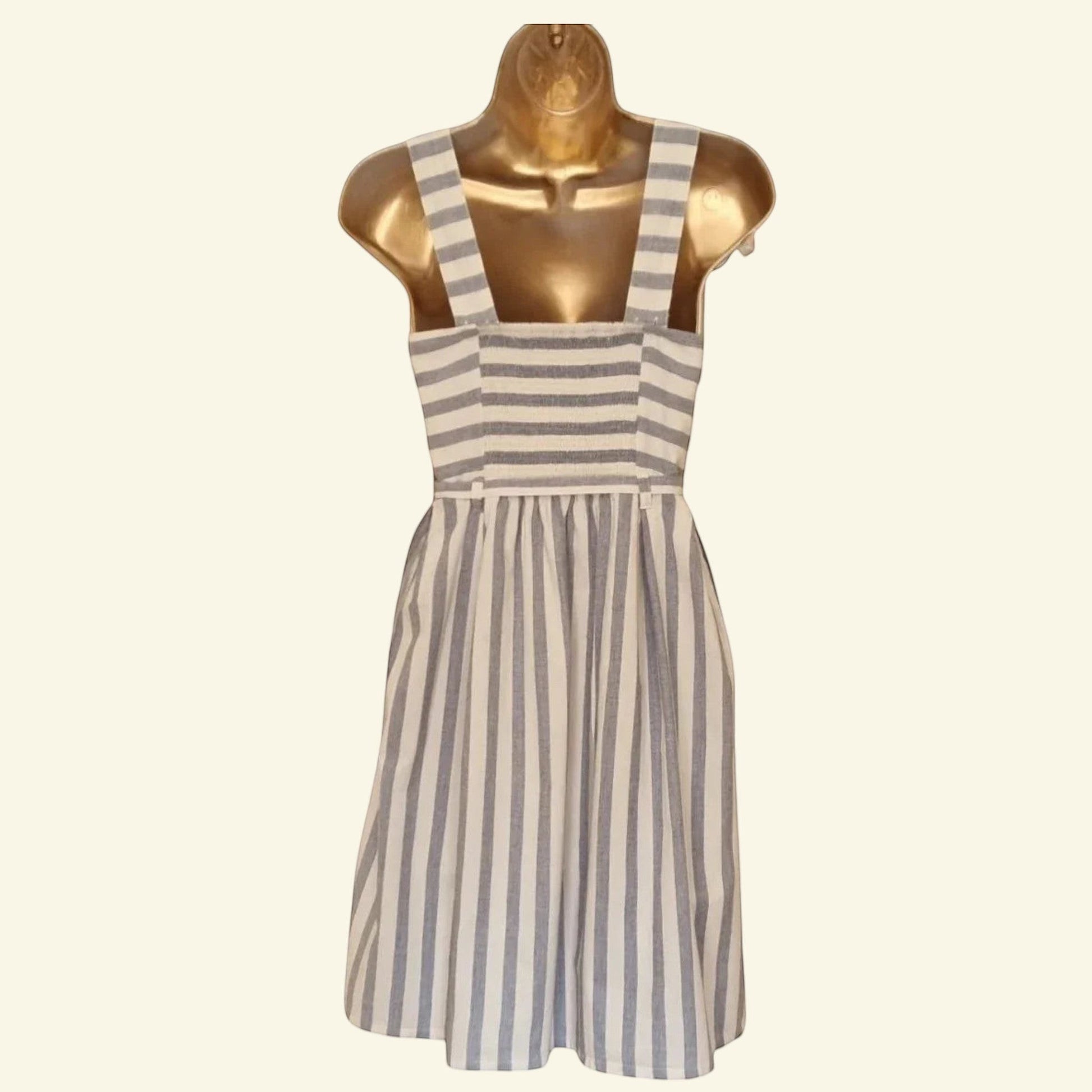 Timelessfashions blue and white striped pinafore dress with adjustable straps and tie belt, made from 100% cotton.