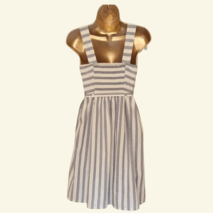 Timelessfashions blue and white striped pinafore dress with adjustable straps and tie belt, made from 100% cotton.