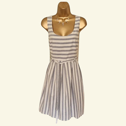 Timelessfashions blue and white striped pinafore dress, 100% cotton, with tie belt and adjustable straps.