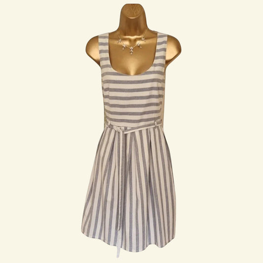 Timelessfashions blue and white striped pinafore dress, 100% cotton, with tie belt and adjustable straps.