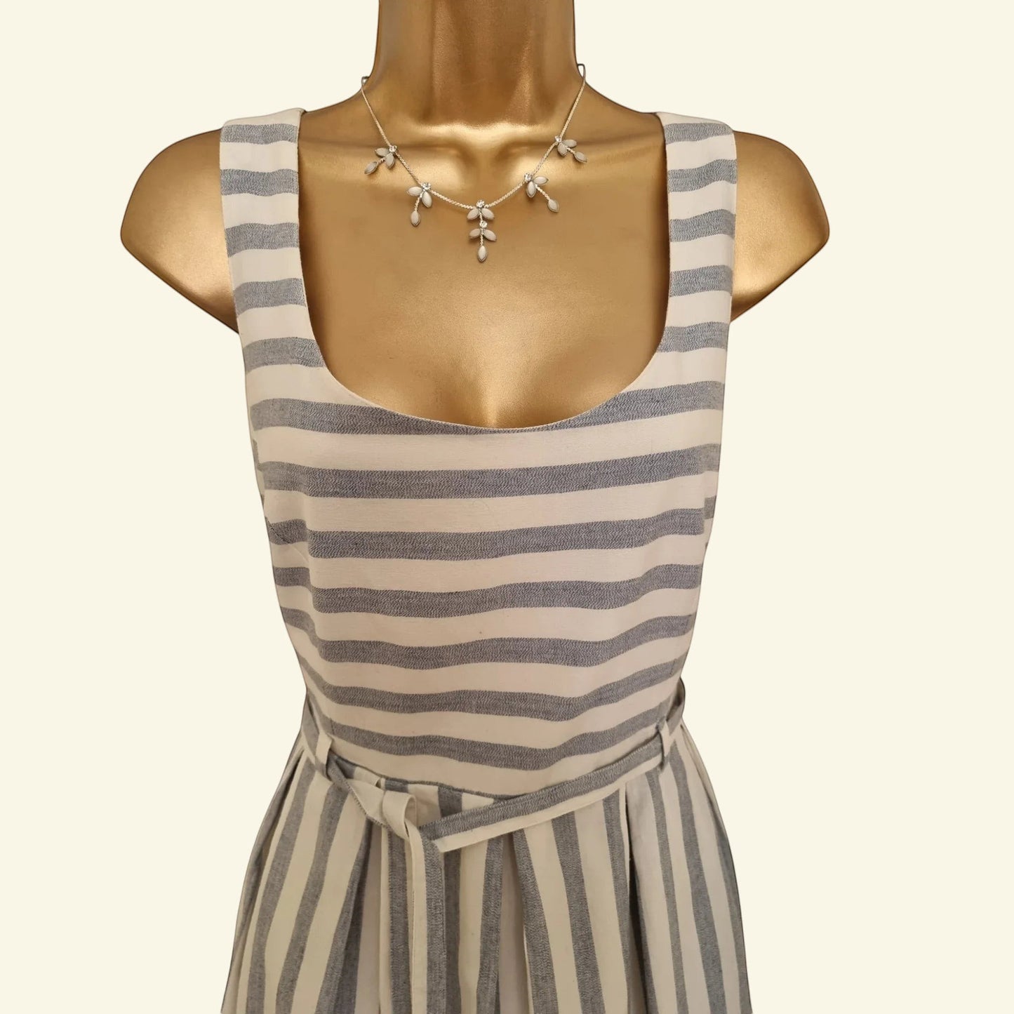 Timelessfashions blue and white striped pinafore dress with tie belt and adjustable straps, made from 100% cotton.