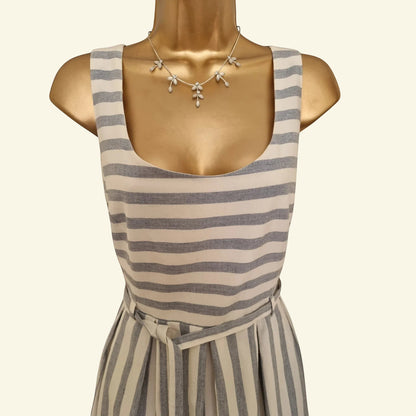 Timelessfashions blue and white striped pinafore dress with tie belt and adjustable straps, made from 100% cotton.