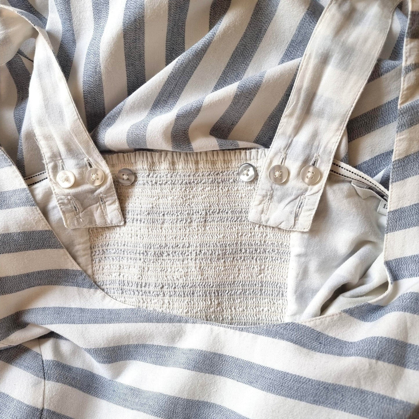 Timelessfashions blue and white striped cotton pinafore dress with adjustable straps and smocked back.