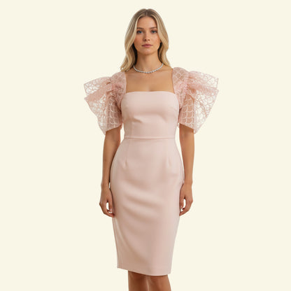 Timelessfashions blush peach off-the-shoulder bodycon dress with gathered lace sleeves. Stretch viscose blend.