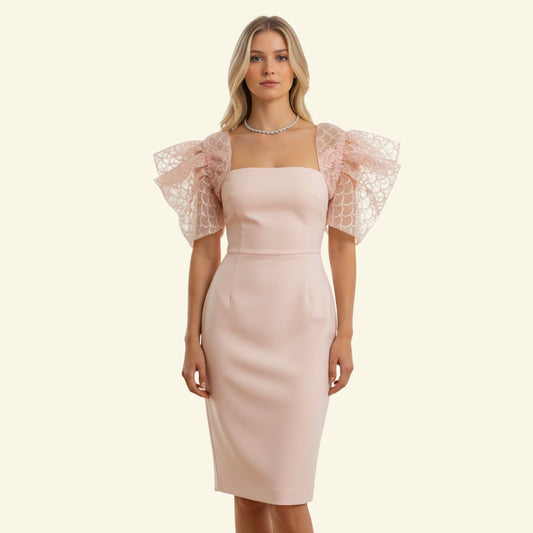 Timelessfashions blush peach off-the-shoulder bodycon dress with gathered lace sleeves. Stretch viscose blend.
