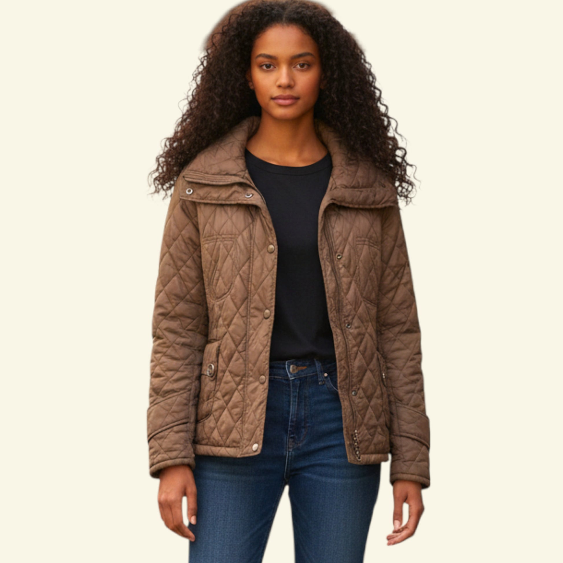 Timelessfashions brown quilted polyester jacket with zip and popper closure, two front pockets. Size UK 12.
