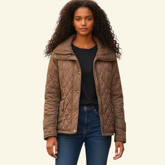 Timelessfashions brown quilted polyester jacket with zip and popper closure, two front pockets. Size UK 12.