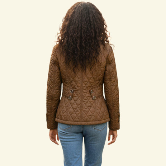 Timelessfashions brown quilted polyester jacket with collar, zip and popper closure, and two front pockets. Size UK 12.