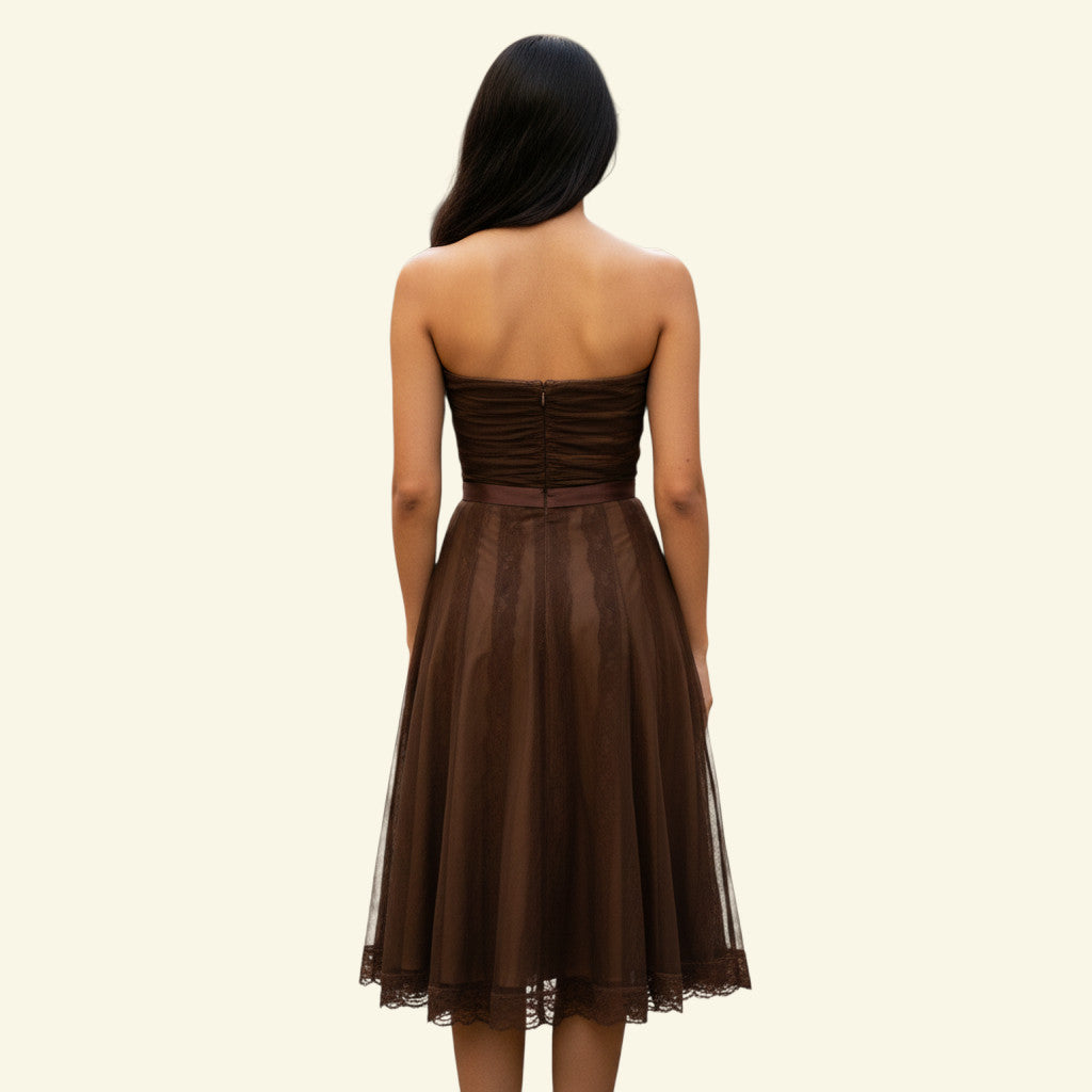 Timelessfashions chocolate brown tulle strapless cocktail dress with ruched bodice, satin waist tie, and lace hem. UK 10.