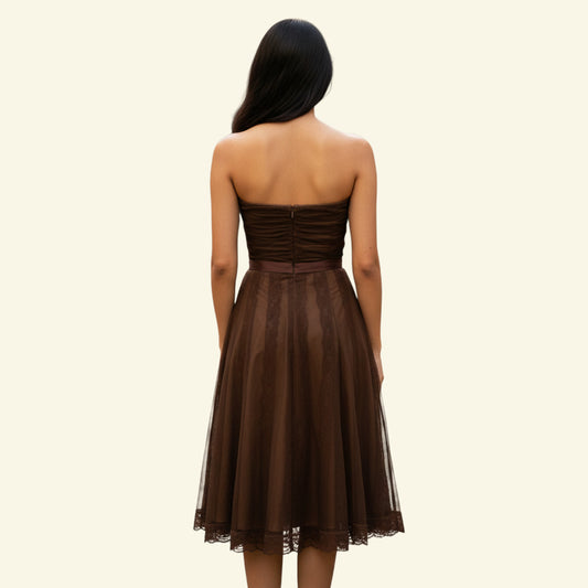 Timelessfashions chocolate brown tulle strapless cocktail dress with ruched bodice, satin waist tie, and lace hem. UK 10.