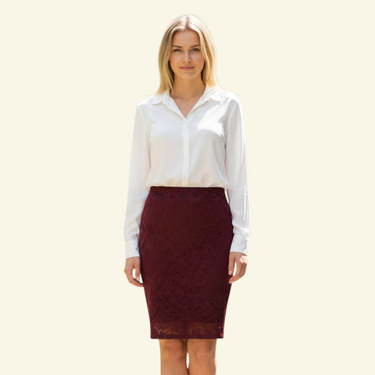 Timelessfashions burgundy lace mini skirt with stretch fabric and scalloped hem. Size M.