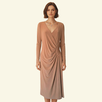 Camel polyester elastane wrap dress with ruched detail and V-neck, size UK 14.