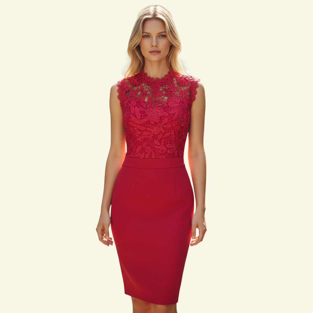 Timelessfashions cerise pink crepe pencil dress with lace bodice and high neckline. Exposed back zip detail.