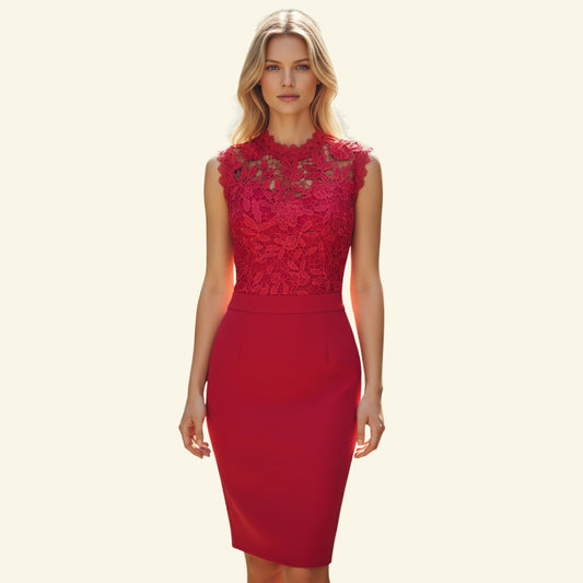 Timelessfashions cerise pink crepe pencil dress with lace bodice and high neckline. Exposed back zip detail.