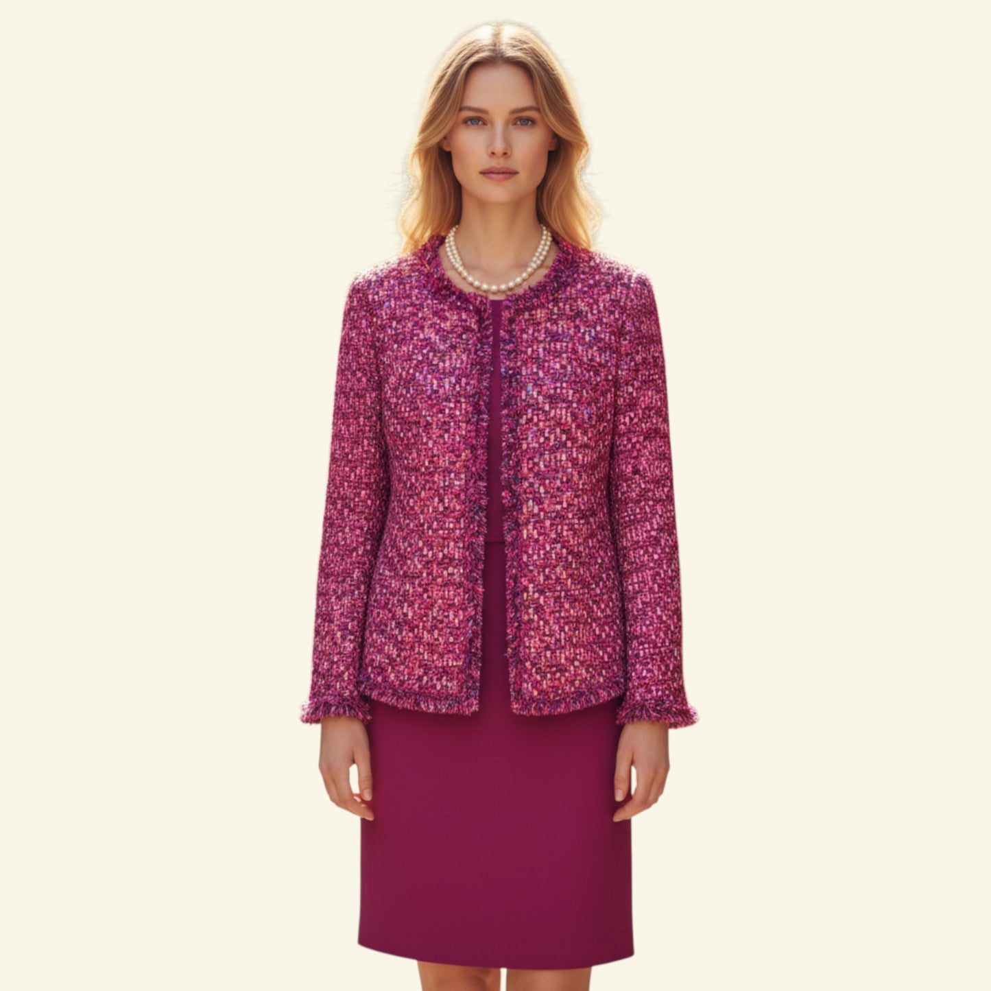 Timelessfashions handmade cerise pink boucle tweed jacket and skirt suit with frayed trim. UK 16.