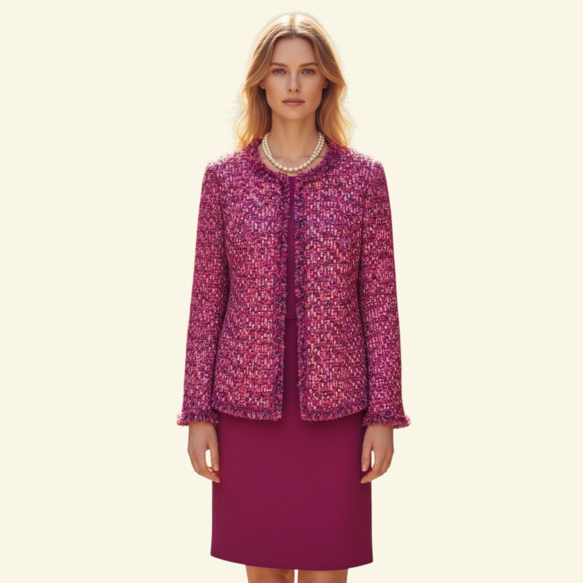 Timelessfashions handmade cerise pink boucle tweed jacket and skirt suit with frayed trim. UK 16.